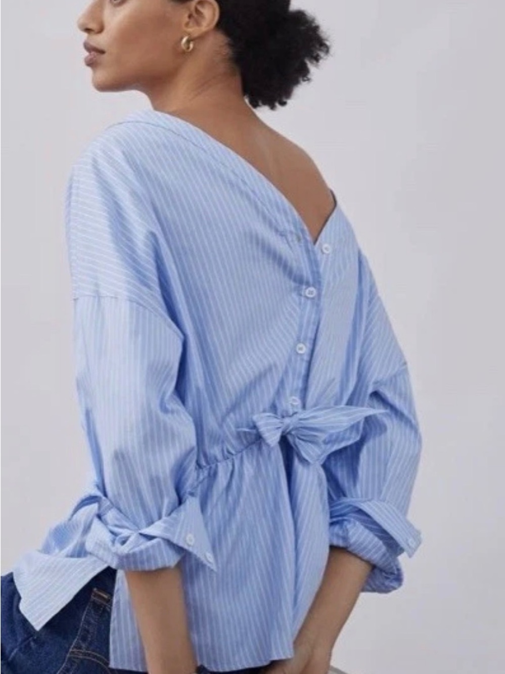 Harshman Anthropologie Blue White Striped Tie-Back Blouse Button Back Shirt